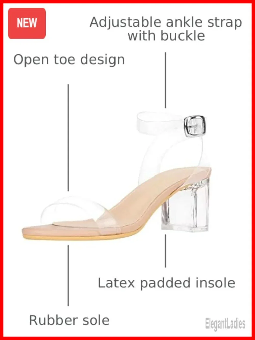 Women's Strappy Clear Chunky Block Low Heeled Sandals Open Toe Ankle Strap